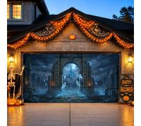 Housse de porte de garage avec château gothique hanté - Scène de cimetière | Arche de château gothique, drapeau de porte de garage, paysage de cimetière, atmosphère mystérieuse, décoration saisonnière