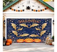 Housse de porte de garage avec chauve-souris, citrouilles effrayantes, étoiles, drapeau d'Halloween bleu pour porte de garage, décoration d'intérieur pour jardin, cour, extérieur, toile de fond de
