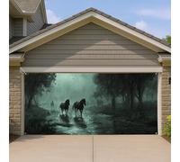 Housse de porte de garage avec chevaux de la forêt brumeuse, grande décoration murale pour une utilisation en extérieur, scène de jour de pluie sur le thème de la nature, parfaite pour l'automne et