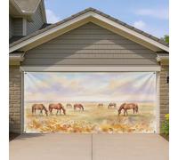 Housse de porte de garage avec chevaux, horizon d'herbe rustique, été, marron, décoration d'intérieur pour cour, extérieur, toile de fond de fête, 397 x 180 cm