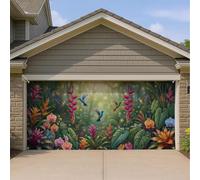 Housse de porte de garage avec colibri tropicaux, jungle, colibri, 400 x | Thème de la jungle tropicale, drapeau de porte de garage, orchidées exotiques colorées, art botanique de la forêt tropicale