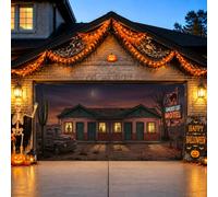Housse de porte de garage avec fantôme effrayant et chat Motel Halloween 397 x 180 cm | Motel fantôme effrayant, bannière de porte de garage, camion vintage, paysage du désert, toile de fond saisonnière extérieure