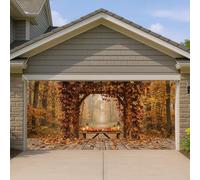 Housse de porte de garage avec feuilles d'automne, citrouilles rustiques et confortables, chemin en bois, orange, décoration d'intérieur pour cour, extérieur, toile de fond de fête, 400 x 180 cm