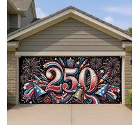 Housse de porte de garage avec motif de feux d'artifice patriotiques, étoiles colorées et cloches pour décoration extérieure, fête de l'indépendance, 397 x 180 cm