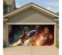 Housse de porte de garage avec motif dinosaure patriotique - 2,1 x 4,8 m - Thème feux d'artifice fantaisistes - Décoration de fête festive intérieure et extérieure - 400 x 180 cm