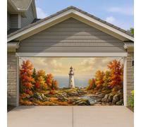 Housse de porte de garage avec motif phare, feuilles d'automne réalistes - Orange - Décoration d'intérieur pour cour et intérieur - Toile de fond de fête - 400 x 180 cm