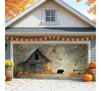Housse de porte de garage avec ours d'automne, scène de cabane rustique, grandes décorations de porte de garage, décoration de fond de fête d'Halloween, extérieur et intérieur, 397 x 180 cm