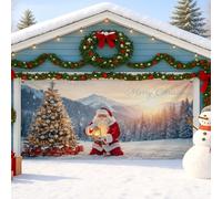 Housse de porte de garage avec Père Noël, décoration de scène enneigée d'hiver, décoration extérieure festive, fond joyeux Noël pour les fêtes, 397 x 180 cm
