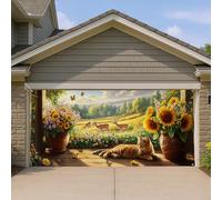 Housse de porte de garage avec scènes naturelles, paysage d'été pittoresque avec chats et fleurs, grandes décorations de porte de garage, décoration d'intérieur extérieure pour toutes les saisons, 400