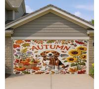 Housse de porte de garage Beagle d'automne, décoration florale et animale colorée, décorations d'extérieur d'automne pour Halloween et Thanksgiving, 397 x 180 cm