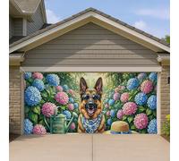 Housse de porte de garage berger allemand, motif floral hortensia coloré, décoration d'été vivante, décoration d'extérieur sur le thème du jardin pour la maison, 400 x 180 cm