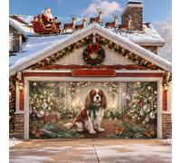Housse de porte de garage Cavalier King Charles Spaniel Noël 397 x 180 cm | Cavalier King Charles Spaniel, bannière de porte de garage, thème hiver, papillons, branches de pin, décoration extérieure de