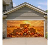 Housse de porte de garage citrouilles rustique, balle de foin, coucher de soleil, automne, orange, décoration d'intérieur pour jardin, extérieur, fête, 400 x 180 cm