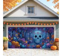Housse de porte de garage colorée pour Halloween, motif tête de mort mystique, grandes décorations de porte de garage, décoration festive d'automne extérieure et intérieure, 397 x 180 cm