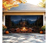 Housse de porte de garage d'automne 397 x 180 cm Scène de camping de | Paysage de montagne, drapeau de porte de garage, camping, nuit étoilée, bancs en bois rustiques, feuillage d'automne