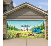 Housse de porte de garage de camping, décoration colorée de scène de camping en plein air, bienvenue dans notre camping, décoration de fête d'été dans le jardin, 397 x 180 cm