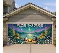 Housse de porte de garage de camping, scène colorée de feu de camp raton laveur, décorations extérieures pour l'été et l'automne, bienvenue sur le thème de notre camping 397 x 180 cm