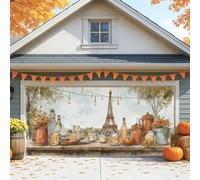 Housse de porte de garage de la tour de Paris, décoration d'automne vintage avec bouteilles et citrouilles, grande décoration de porte de garage pour l'automne et Thanksgiving, 397 x 180 cm