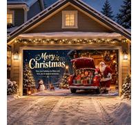 Housse de porte de garage de Noël, Père Noël, traîneau et renne, décoration | Polyester résistant à l'eau avec impression vive, design réutilisable de 400 x 180 cm pour une métamorphose facile du garage