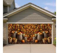 Housse de porte de garage de récolte d'automne, feuilles d'automne rustiques et citrouilles, décorations d'extérieur, décoration de fond de fête de Thanksgiving, 397 x 180 cm