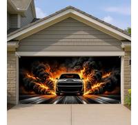 Housse de porte de garage de voiture de course, flammes noires et oranges, décoration de porte de garage, décoration de fête intérieure et extérieure pour les amateurs de voiture, 397 x 180 cm