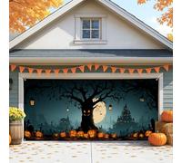 Housse de porte de garage d'Halloween, citrouille et arbre vintage effrayant - Grandes décorations de porte de garage - Décoration de fond de fête d'Halloween pour intérieur et extérieur - 400 x 180