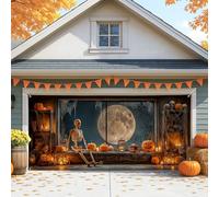 Housse de porte de garage effrayante d'Halloween, grande citrouille et squelette pour l'extérieur et l'intérieur, décoration de fête d'automne (390 x 180 cm)