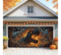 Housse de porte de garage effrayante motif dinosaure noir, grandes décorations de porte de garage, décoration d'intérieur et d'extérieur pour fête d'automne, 397 x 180 cm