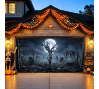 Housse de porte de garage effrayante pour cimetière Halloween 397 x 180 cm | Scène de cimetière hanté, drapeau de porte de garage, forêt effrayante au clair de lune, main montante étrange
