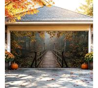 Housse de porte de garage en bois Motif pont de forêt d'automne 398,8 x | Chemin de forêt pittoresque, toile de fond pour porte de garage, paysage boisé brumeux, feuillage d'automne