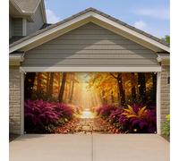Housse de porte de garage en forêt d'automne, fougères violettes et feuilles dorées, art décoratif pour porte de garage, décoration extérieure d'automne pour Thanksgiving et Halloween, 397 x 180 cm