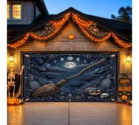 Housse de porte de garage en forme de balai de sorcière au clair de lune | Phase de lune Skyline, décorations de porte de garage, paysage de cimetière étrange, cadre ornemental gothique