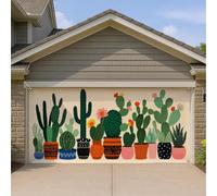 Housse de porte de garage en forme de cactus, plantes en pot colorées, décorations extérieures, décoration d'intérieur printemps-été, arrière-plan de fête de jardin, 397 x 180 cm