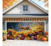 Housse de porte de garage en forme de cerf d'automne, feuilles d'automne colorées, grandes décorations de porte de garage, décoration extérieure saisonnière pour Thanksgiving et Halloween, 397 x 180