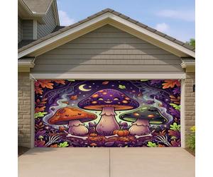 Housse de porte de garage en forme de champignon, citrouilles fantaisistes et ludiques, feuilles d'automne violettes, toile de fond pour porte de garage, décoration d'intérieur pour porche, terrasse