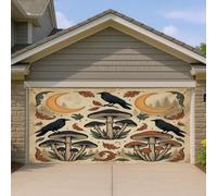 Housse de porte de garage en forme de champignons, corbeaux et feuilles d'automne - Marron - Décoration d'intérieur pour fête, cour, extérieur et intérieur - Toile de fond de fête - 400 x 180 cm