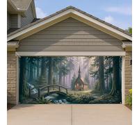 Housse de porte de garage en forme de chapelle de la forêt, grande décoration de porte de garage, décoration d'intérieur extérieure pour les vacances d'automne et d'hiver, 397 x 180 cm