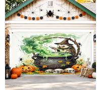 Housse de porte de garage en forme de chat sorcier, chaudron effrayant citrouilles d'Halloween vert décoration d'intérieur pour cour, extérieur, toile de fond de fête, 397 x 180 cm