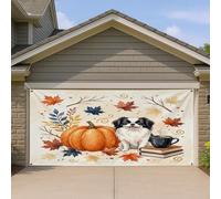 Housse de porte de garage en forme de citrouille d'automne, décoration d'automne confortable avec chien, feuilles colorées et café, décoration saisonnière extérieure pour Halloween et Thanksgiving