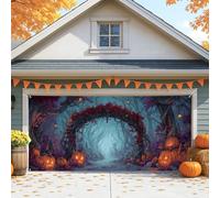 Housse de porte de garage en forme de citrouille d'automne, décoration d'Halloween de forêt enchantée, grande décoration de fête d'automne pour Halloween et Thanksgiving, 397 x 180 cm