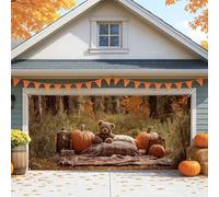 Housse de porte de garage en forme de citrouille d'automne, grand ours d'automne confortable, décoration de porte de garage, décoration de fond de fête de Thanksgiving en plein air, 397 x 180 cm