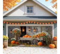 Housse de porte de garage en forme de citrouille rustique, décorations d'automne vintage de ferme, grande décoration d'extérieur d'automne pour Halloween et Thanksgiving, 397 x 180 cm