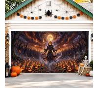 Housse de porte de garage en forme de citrouilles gothiques, sorcières sombres, lune d'Halloween, toile de fond orange, décoration d'intérieur pour jardin, extérieur, fête, 400 x 180 cm