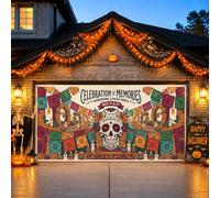 Housse de porte de garage en forme de crâne en sucre Jour des morts 157 x | Bannières Papel Picado, toile de fond pour porte de garage, fleurs de souci, accents aux chandelles, art commémoratif