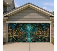 Housse de porte de garage en forme de forêt magique, décoration de scène nocturne de village enchanté, décoration de vacances d'hiver, parfaite pour Noël et les célébrations saisonnières, 400 x 180 cm