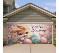 Housse de porte de garage en forme de lapin de Pâques, jolies décorations florales de printemps, couleur pêche et bleu, décoration de Pâques extérieure pour fête de vacances, 390 x 180 cm