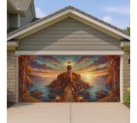 Housse de porte de garage en forme de phare, île d'eau réaliste - Orange - Décoration d'intérieur pour jardin, terrasse, extérieur, intérieur, fête, fond de fête - 400 x 180 cm