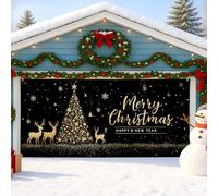 Housse de porte de garage en forme de sapin de Noël, noir et doré, décoration de vacances festive, joyeux Noël, décoration extérieure et intérieure pour fête d'hiver, 390 x 180 cm