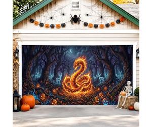 Housse de porte de garage en forme de serpent de feu, citrouilles sombres effrayantes pour Halloween, décoration d'intérieur pour porche, terrasse, cour, fête extérieure, Halloween, 400 x 180 cm