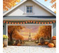 Housse de porte de garage en forme de tour de Paris d'automne, paysage d'automne orange, grandes décorations de porte de garage, décoration saisonnière intérieure et extérieure de Thanksgiving, 397 x